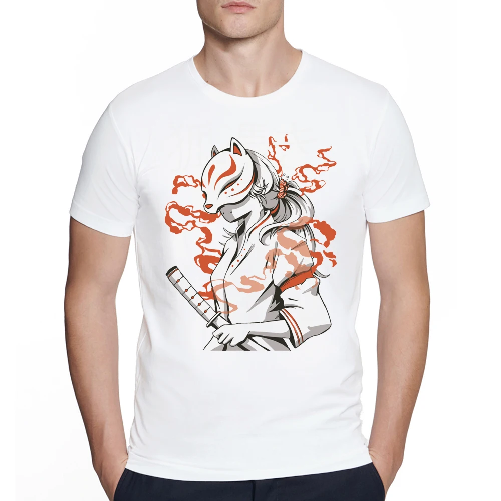 Kitsune Maske Kawaii Japanischen anime mädchen mit Fuchs Maske Druck T Shirt Männer Kurzarm Japanischen anime T-shirts T T-shirt