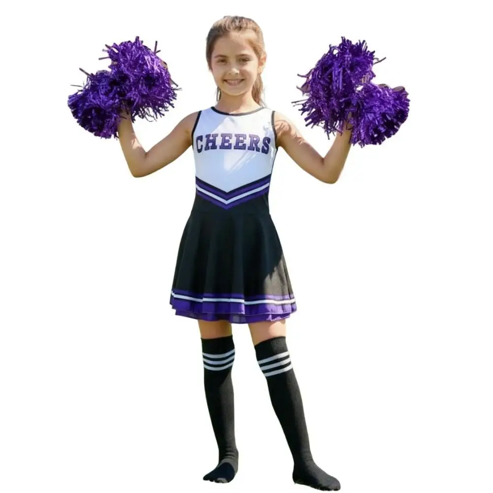 Football Cheerleading Costume for Girl Pink Black One Piece Dress With Socks and Hand Flowers Cheer Dance Stage Performance