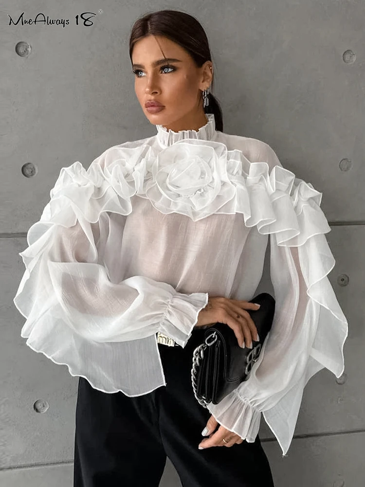 Mnealways18 Elegant Ruffled Shirts Blouses Lady 2024 Fashion Flowers Long Sleeve Loose Shirts Perspective Party Stand Collar Top mnealways18 pink plaid shirts and tops women street wear gingham casual long sleeve top single breasted oversize shirt ladies