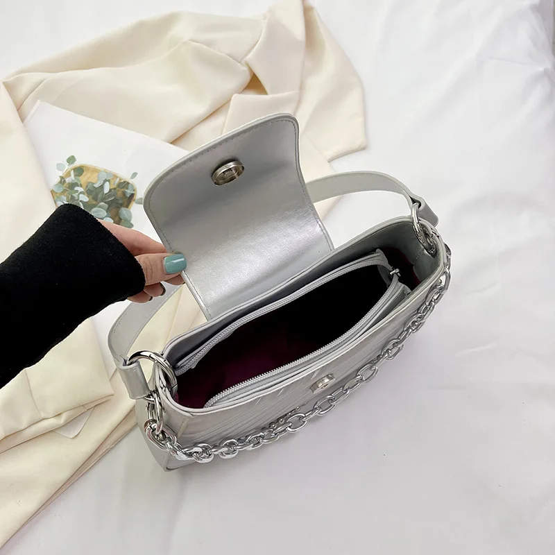 Elegant Chain PU Women Shoulder Bag Fashion Simple Stripe Messenger Bag Woman High Quality Underarm Handbag Ladies Y2k Purse