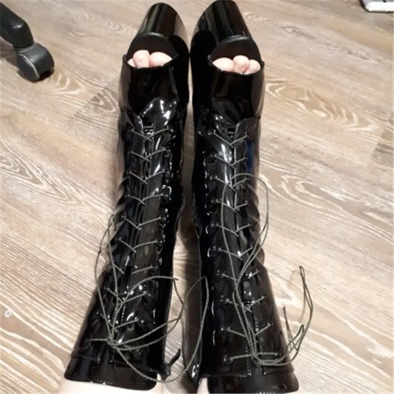 Transparent sole 20cm high heels, banquet stage walk thick heel boots, fish mouth outside zipper, ankle dance shoes