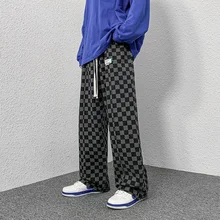 

Spring Straight Pants Men's Fashion Plaid Casual Pants Korean Loose Wide-leg Pants Men's Streetwear Trousers Men's Elastic Waist