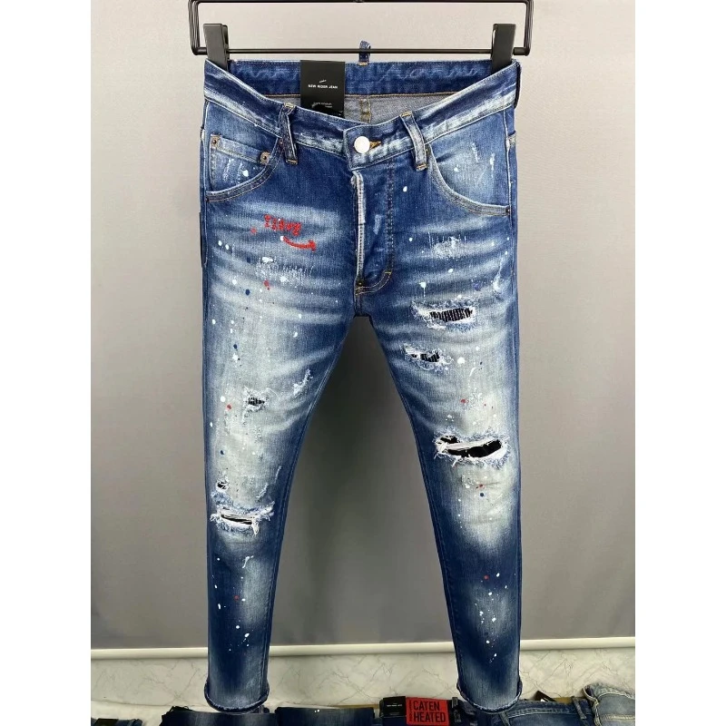 

High Quality 2023 Italian Fashion Brand Dsq2 Men's Washed, Worn, Ripped, Painted Biker ICON Denim Jeans