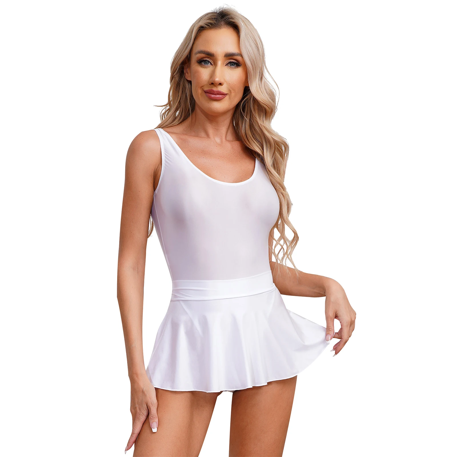 

Women Glossy Swimwear Sleeveless High Cut Bodysuit with Low Rise Ruffled Mini Skirt Sport Fitness Yoga Beach Pool Party Clubwear