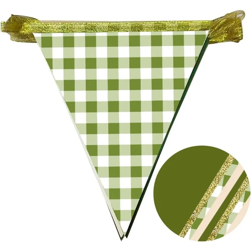 Sage Green Gold Plaid Pennant Banner - Festive Paper Triangle Bunting