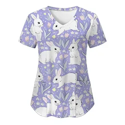 Easter Bunny Nurse Uniforms Women Hospital Uniform Scrubs Casual Short Sleeved V-Neck Rabbit Working Tops