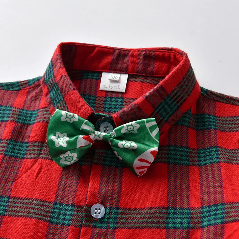 1-6T Boys Fall 2 Pack Outfit Party Clothing Long Sleeve Button Plaid Shirt + Green Bow Tie Bib Suspenders