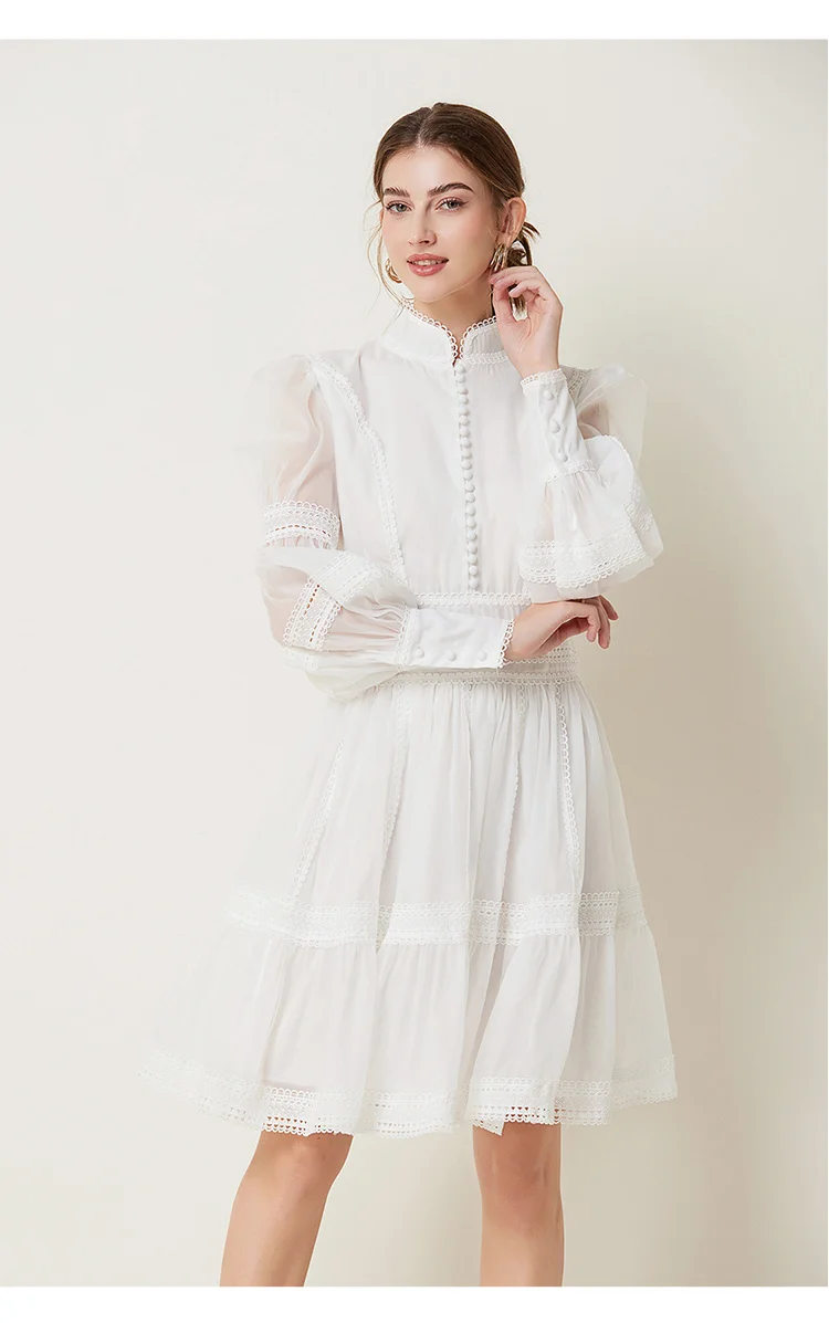 2024 French Elegant Lace Splicing Waist Lantern Sleeve Dress Vintage High Collar Princess Dress Organza Cocktail Women's Wear