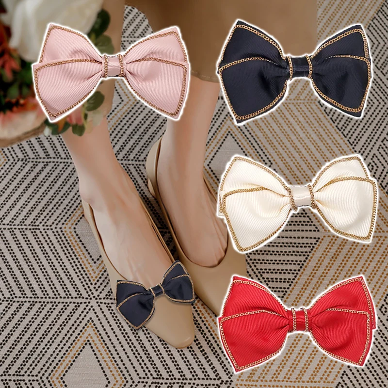 

2 Pcs Webbing Bowknot Shoe Clips Metal Chain Shoe Embellishment Classic Pumps Shoe Buckle for Women High Heels DIY Accessories