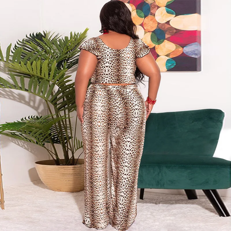 2023 Spring Women Set Plus Size Leopard Shirts And Wide Leg Pants Lady Casual Outfit Large Size Cloth Female Luxury Sweatshirt