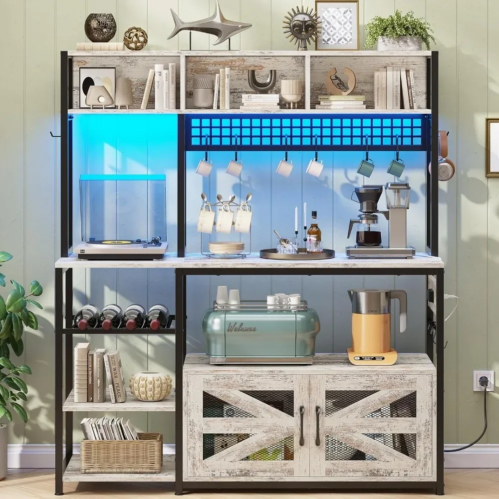 Itaar 47.2 Inch Bakers Rack with Power Outlet, Microwave Stand with Storage, Farmhouse Coffee Bar Cabinet Station with Wine Rack 3