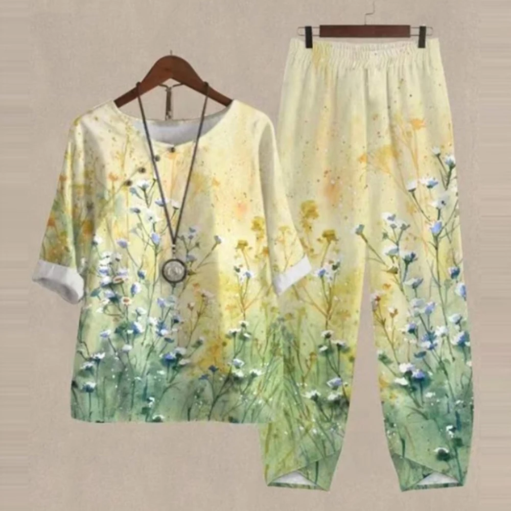 

Summer Casual Two Piece Set T Shirt For Women Elegant O Neck Flower Print Loose T Shirt High Waist Loose Pants Suit Shirt Pants