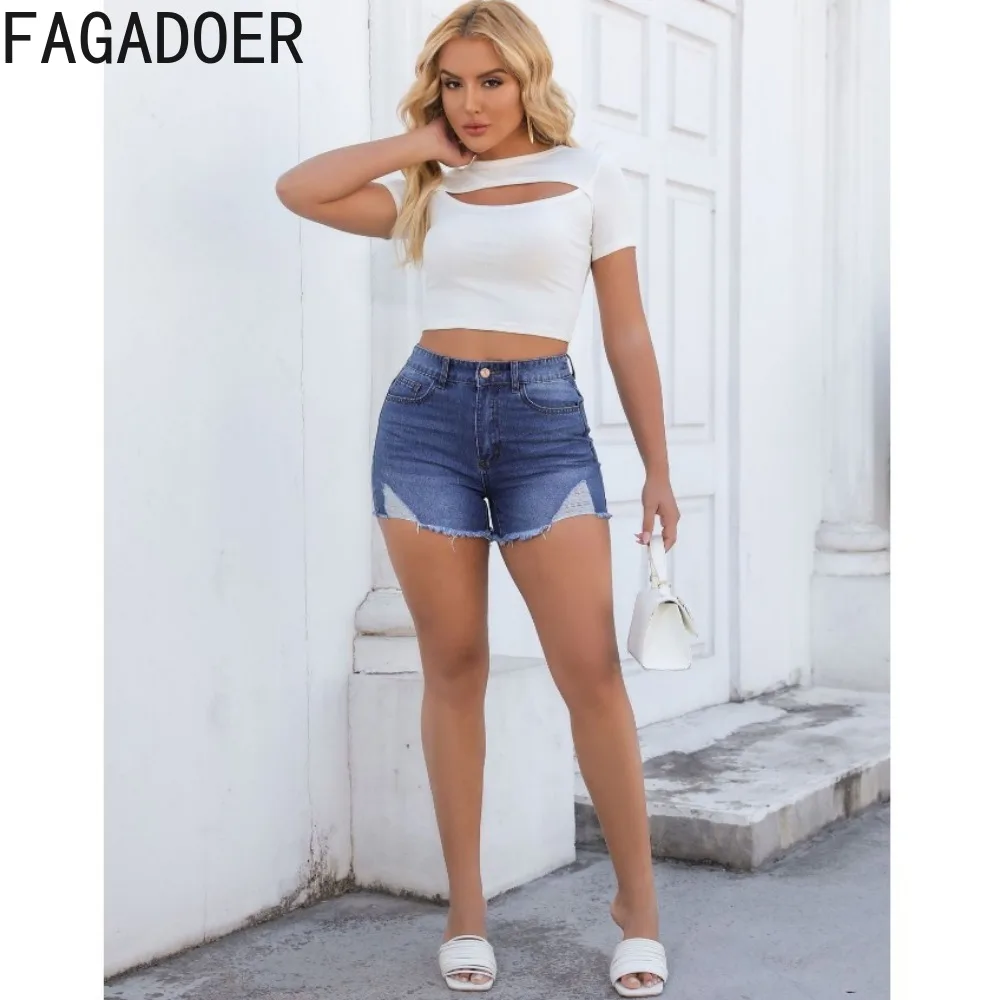 FAGADOER Fashion Denim Hole Shorts Women High Waisted Button Pocket Elasticity Jean Casual Female Cowboy Matching Bottoms 2024