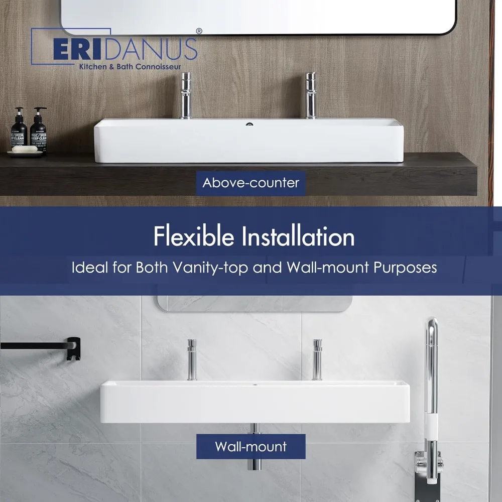 Bathroom Sink Rectangle 43" x 16", Two Hole Vitreous Ceramic Vessel Sink, Countertop & Wall Mount, with Overflow, Glossy White 5