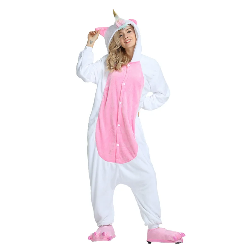 

Pink and White Cartoon Animal Warm Hooded Pajamas Women Kigurumi Unicorn Cosplay Costume One-piece Sleepwear Adults Loungewear