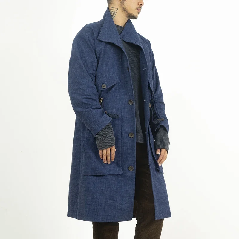 Original Design Japan Retro Spring Blue Dyed Slub Cotton Casual Long Windbreaker Coat Men's Loose Single Breasted Jacket