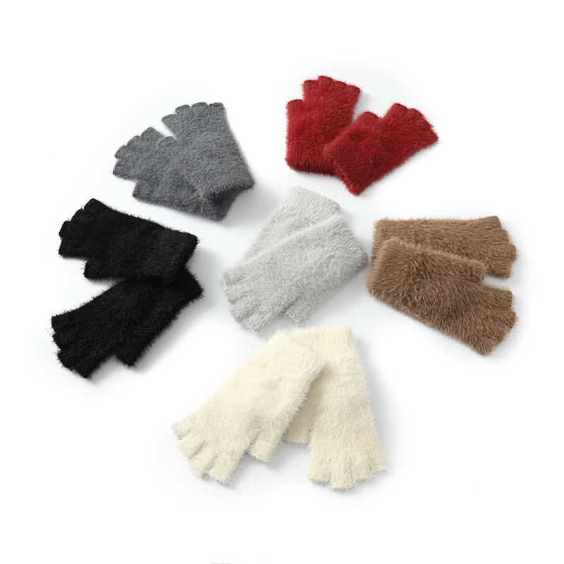 Mink Cashmere Autumn Winter Women Gloves Fingerless Warm Racoon Wool Mitten Wrist Length Thumb Hole Mitts Korean Female Lovely