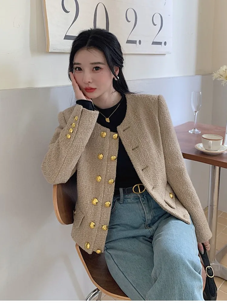 Red Vintage Tweed Jacket Women Fashion O-Neck Single Breasted Thick Short  Jackets Chic Lady Small