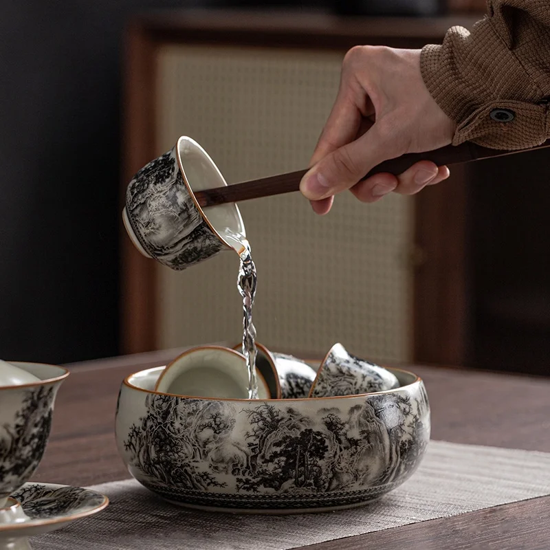 730ML Landscape Ru Kiln Tea Basin Small Cup Wash Washed Tea Residue Barrel Utensils Wash Mug Kung Fu Set Accessories