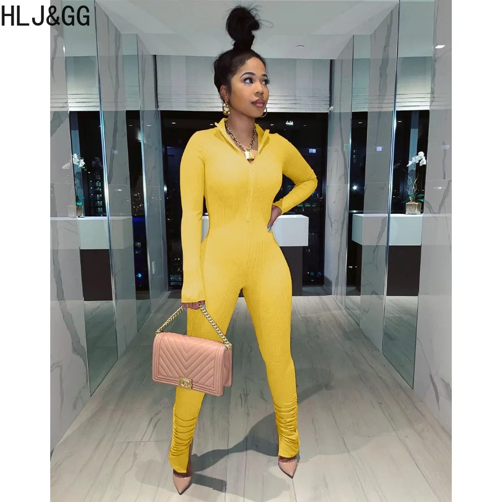 HLJ&GG Autumn Casual Solid Zipper Bodycon Jumpsuits Women V Neck Long Sleeve Stacked Pants One Piece Playsuits Female Overalls