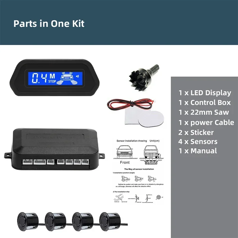 Car Parking Sensor Auto Parktronic Reverse LED Monitor 22mm 4 Sensors Radar Detector System Backlight Display