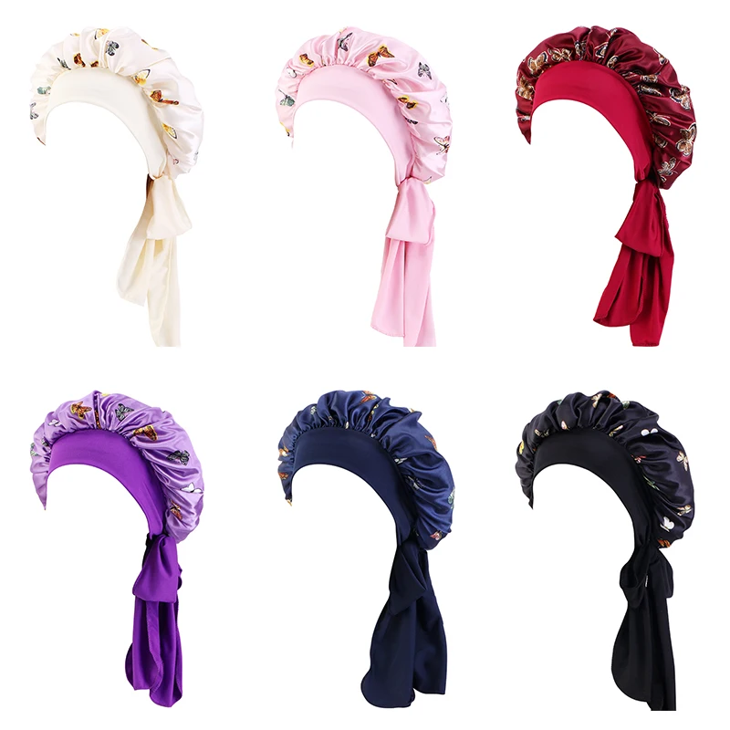 Beautiful Butterfly Printed Satin Bonnet Adjuestable Elastic Bandanas Cap Women Turban Headwrap Headscarf African Headwear 2