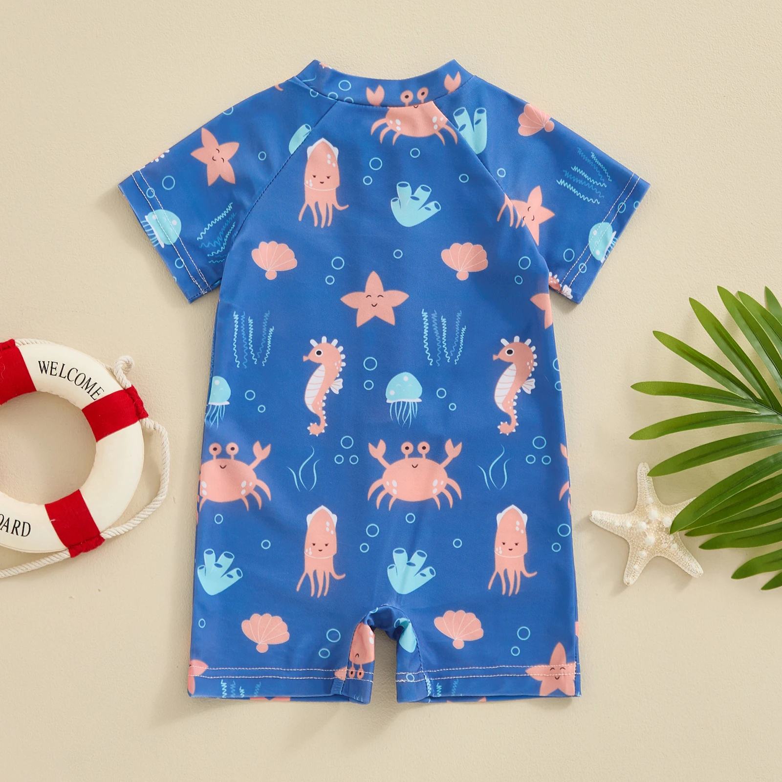 FOCUSNORM 0-3Y Infant Baby Boys Swimwear 2 Colors Cartoon Animal Print Short Sleeve Front Zipper Bathing Suits