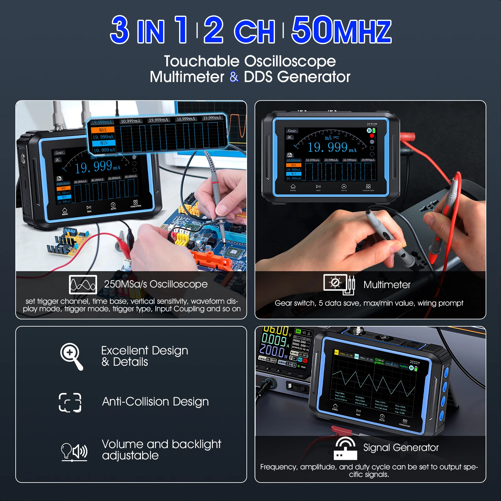 Handheld 2C53P Touch Screen Digital Oscilloscope+Multimeter+Signal Generator 3IN1 Dual Channel 50MHZ Automatic Osciloscópio Tool 3