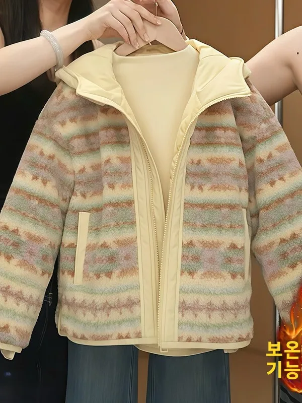 두꺼운 면 플리스 여아 재킷 가을 겨울 따뜻한 플러피 아우터 스탠다드 핏 이중 착용 가능 브레이드 패턴