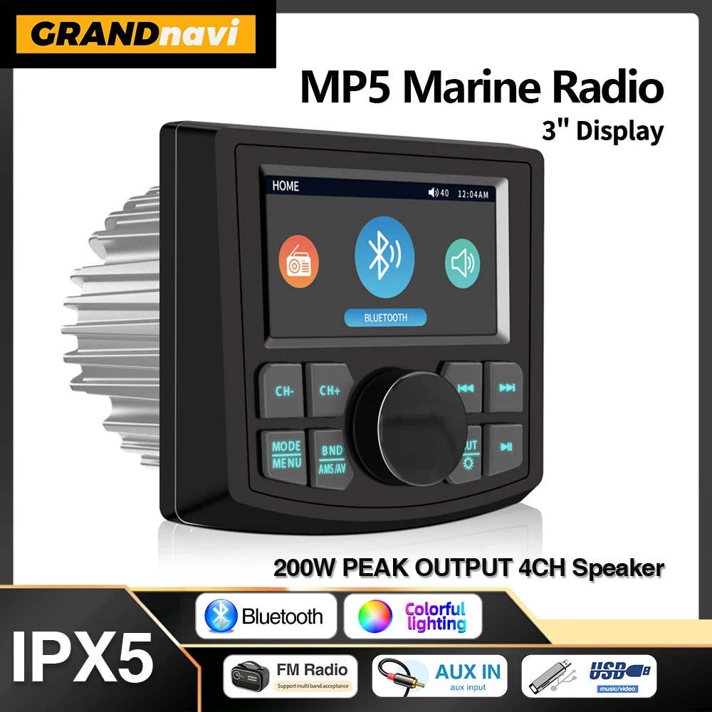 GRANDnavi Marine Stereo Boat MP5 Radio Player Waterproof IPX5 AUX Bluetooth FM AM RDS Audio For Yacht Gauge ATV UTV SUV Cart SPA