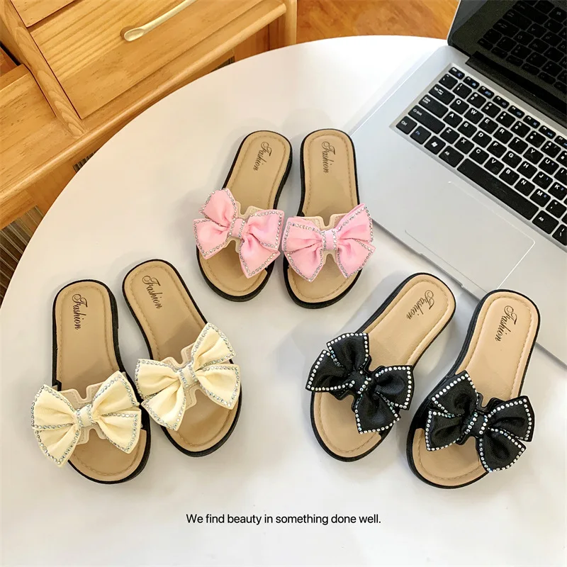 Summer Girls Slippers Rhinestone Bow Children House Indoor Flip-flop Outside Flat Kids Slippers Soft Non-slip Princess Slides