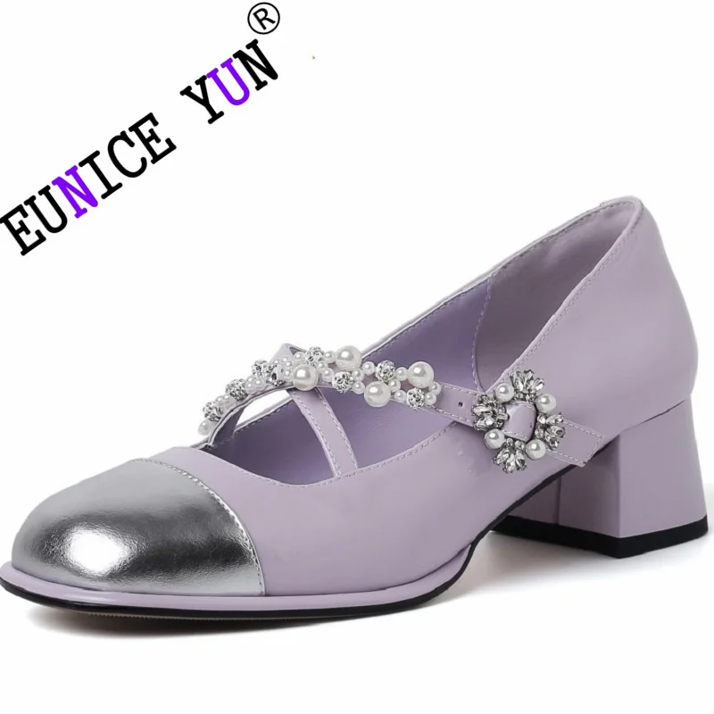 

【EUNICE YUN】Brand Genuine Leather Thick Heels Square Toe Shallow Buckle Strap String Bead Pearl Metal Decoration Women Modern