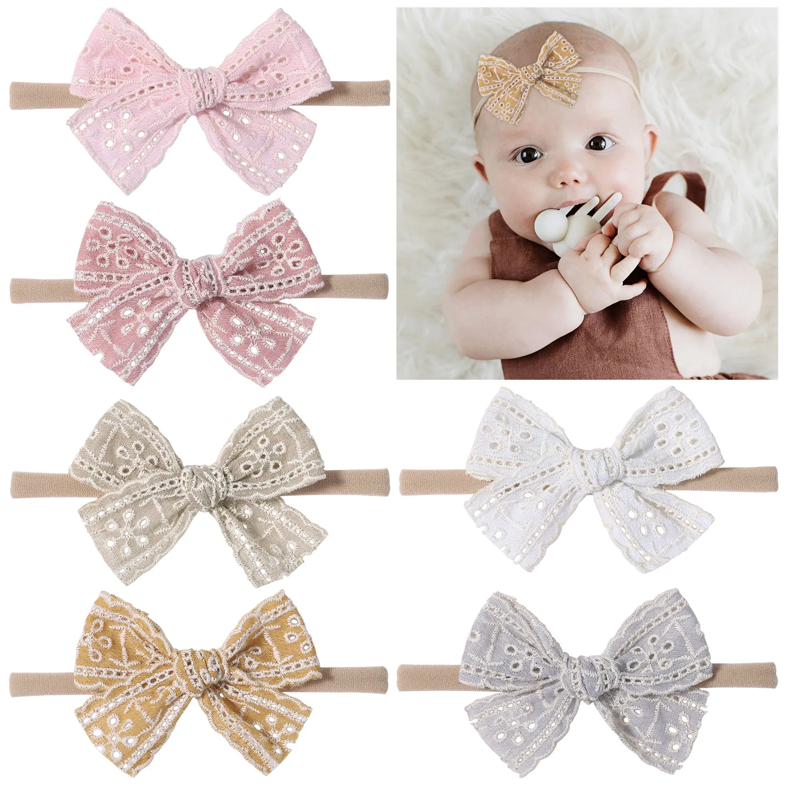 30pc/lot 3.3Inch Lace Hair Bow Nylon Headband Baby Bow Hairpins Kid Hair Clips Girls Lace Embroidery Hair Bow Nylon Headband 30pc lot 4 3inch cotton striped printing baby soft nylon headband girls plaid bow headband infant headwear baby girls hair clips