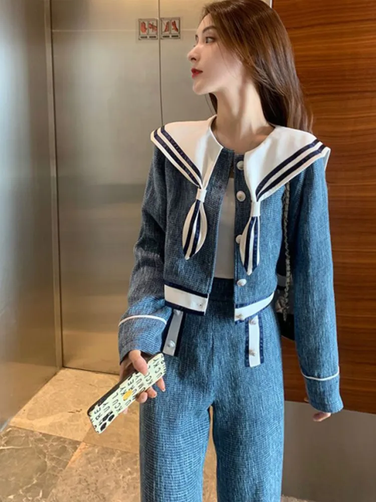 Fashion Women's Set 2023 Autumn/Winter Korean Version New Wide Leg Pants Navy Collar Coat Two Pieces for Women