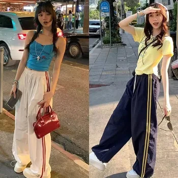 Multi-pocket Striped Full Track Pants For Women Sporty Chic Loose Trendy Retro Straight Casual High Waist Wide Leg Cargo Pants