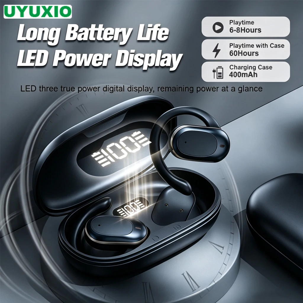 Stereo Wireless Open-Ear Earbuds with 20-Hour Playtime and Enhanced Bass Sound