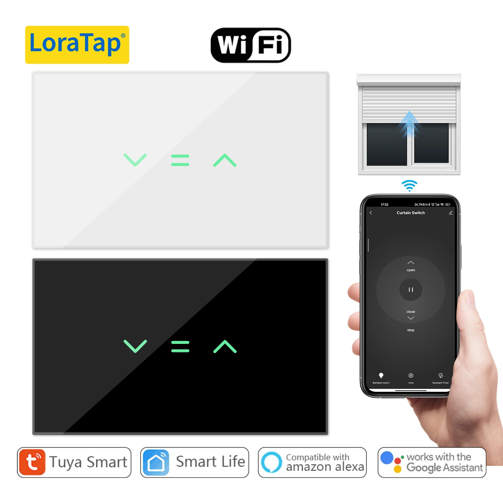 LoraTap US ผ้าม่านผ้าม่านลูกกลิ้งชัตเตอร์สวิทช์ Backlight Tuya Smart Life App จับเวลารีโมทคอนโทรลเสียงโดย Google Home Alexa 1