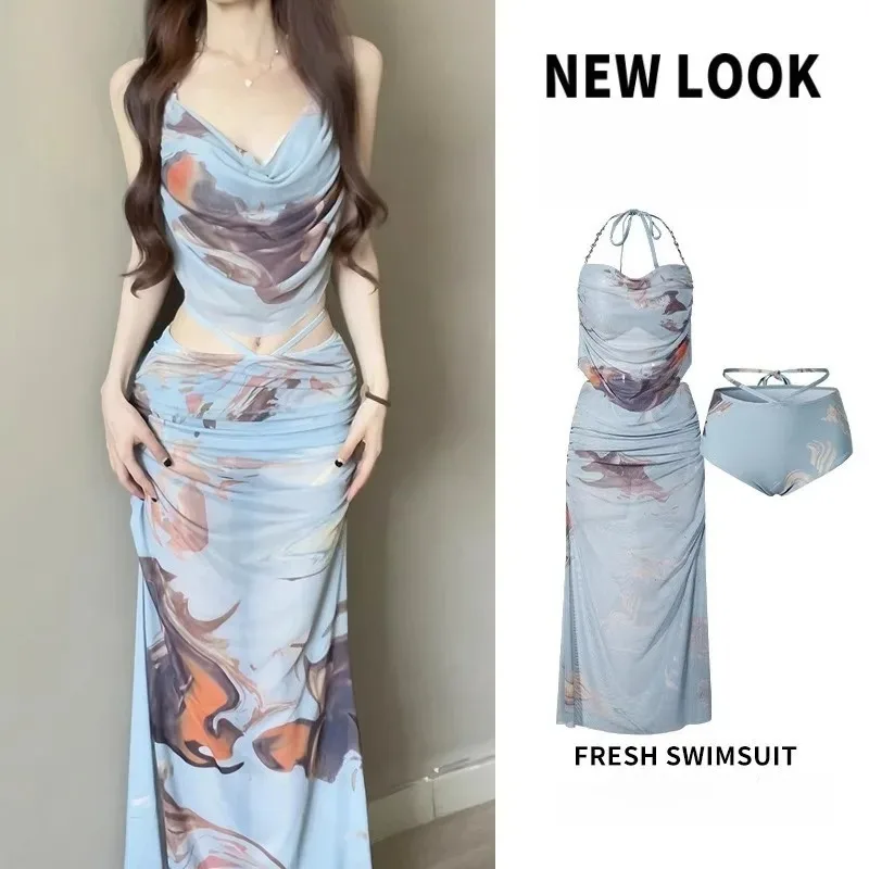 New Sexy Bikini Swimwear Women's Three-Piece Set Long Dress Summer Vacation Beachwear Girls Bathing Suit