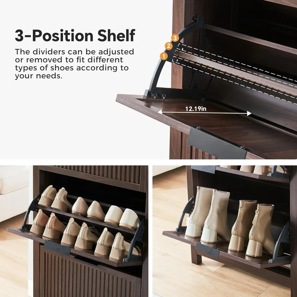 Narrow Flip-Drawer Shoe Cabinet, Wooden Entryway Storage Organizer with Adjustable Shelves
