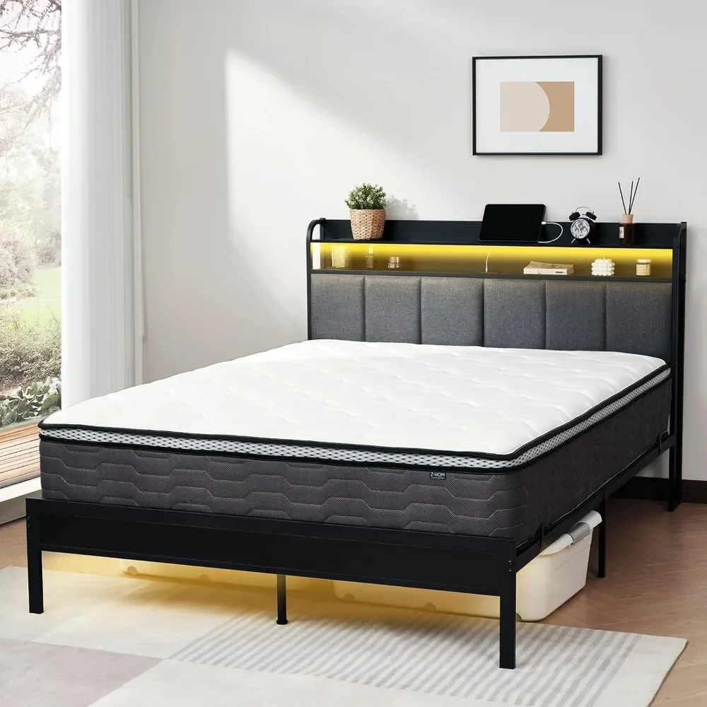 

Twin Bed Frame with LED Lights Headboard, Twin Size Heavy Duty Metal Hybrid Bed Frame Bed Base, Sturdy Upholstered Wooden