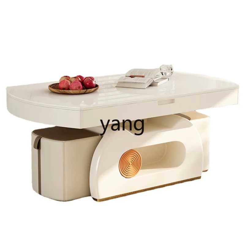 

Yjq Stone Plate round Dining Table Lifting and Foldable Coffee Table Double-Use Household Small Apartment Cream Style