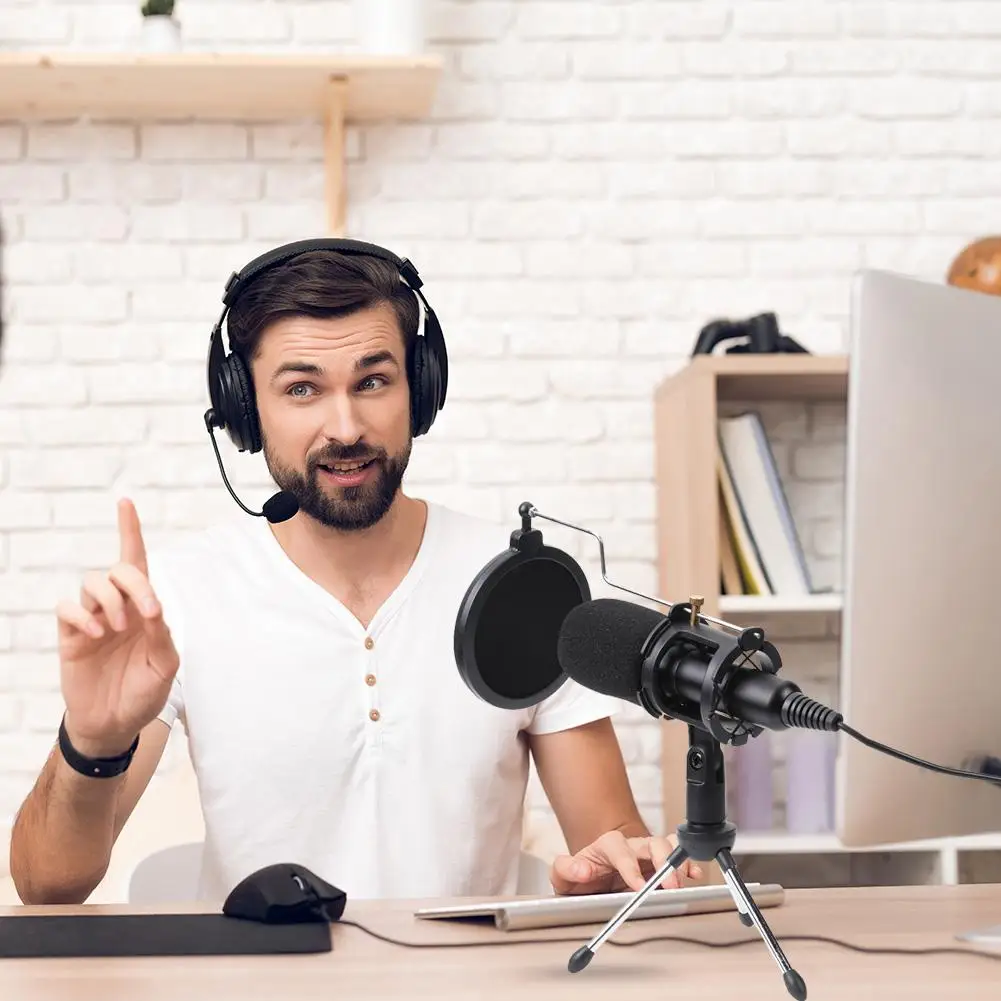 For Microphone Condenser USB Microphone Kit Studio Bracket Folding Stand Tripod Filter Sponge, for PS4 Game Computer YouTube