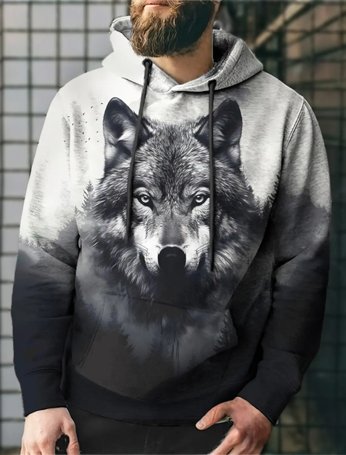 thumbnail image 1 of Sudadera con capucha con estampado 3D de lobo para hombre, estilo urbano, color verde oscuro, manga larga, con capucha, estampado de diseñador para primavera y otoño, 1 of 5