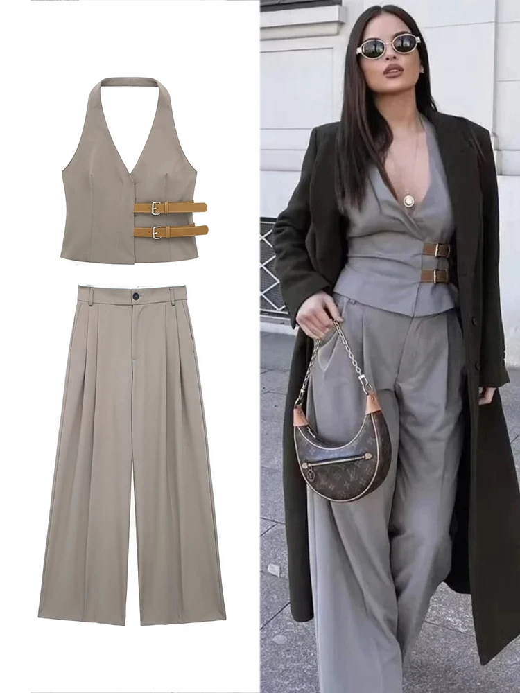 ZABA women's suit fashion with belt hanging neck halter V-neck top + casual high-waisted pleated suit pants two-piece set