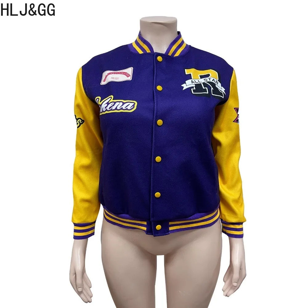 HLJ&GG Fashion Letter Print Splicing Baseball Jackets Women V Neck Button Long Sleeve Button Coats Spring New Matching Slim Tops