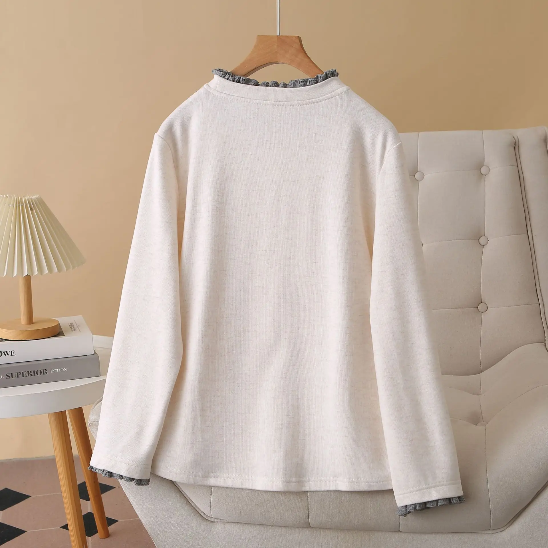 XXXXL Fashion Plus Size Women's T-Shirt Autumn Winter Fake 2 Pieces Casual Warm Wear Ruffled Collar Long Sleeved Base Tops 2550