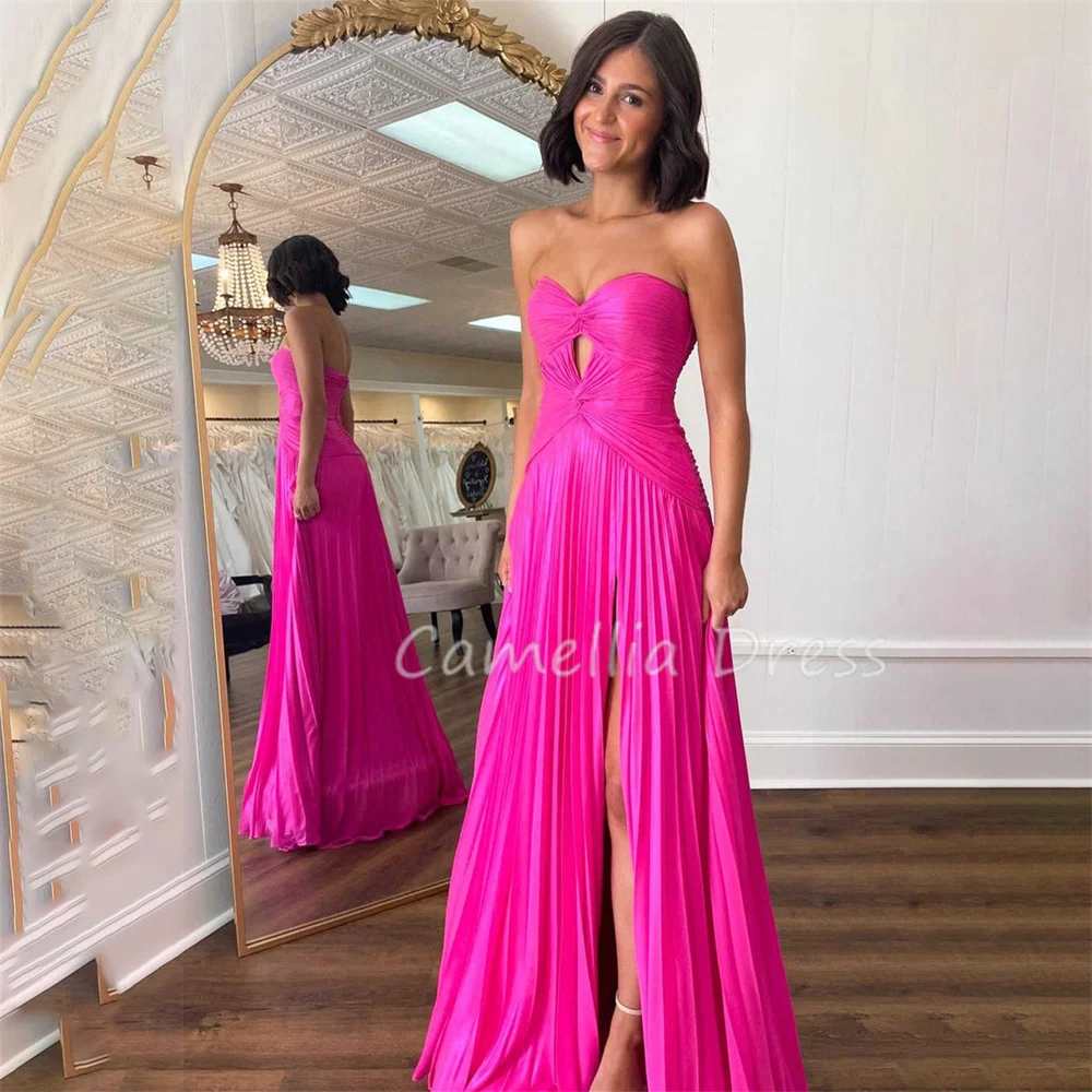 Robe De Soirée Trapèze Rose En Mousseline De Soie Avec Fente Latérale, Robes De Soirée Plissées, Robes De Soirée Éducatives