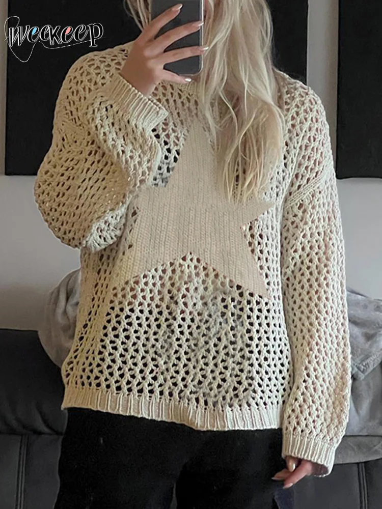 

Distressed Crochet Star Sweater Pullovers Oversized Loose Holes Knitted Jumper Smock Y2k Harajuku Streetwear 90s Sweater