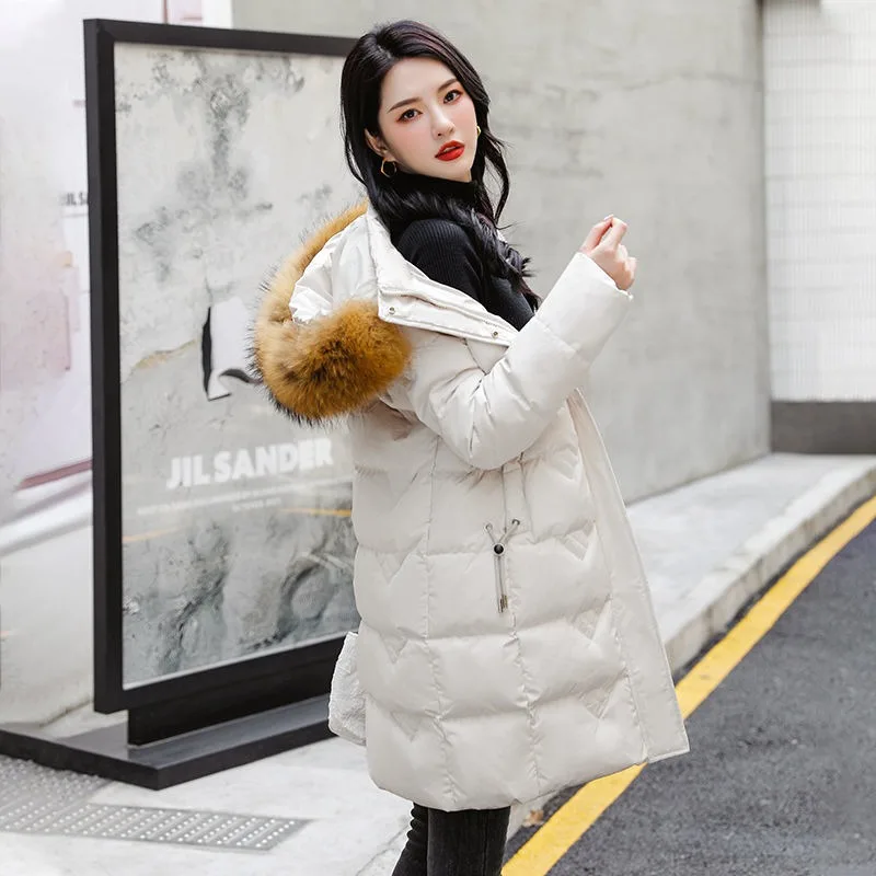 2023 New Women Down Jacket Winter Coat Female Mid Length Version Parkas Slim Fit Thick Warm Outwear Hooded Fur Collar Overcoat