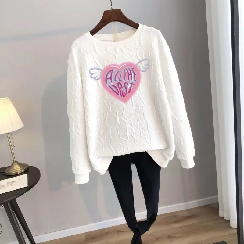 Spring Autumn Women's Pullover Round Neck Solid Cartoon Letter Printing Lantern Long Sleeve T-shirt Hoodies Casual Loose Tops